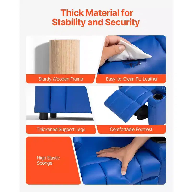 Fauteuil inclinable pour enfants, fauteuil inclinable pour tout-petits avec porte-gobelets et poches, dossier réglable de 107 à 126, canapé inclinable en cuir PU facile à nettoyer