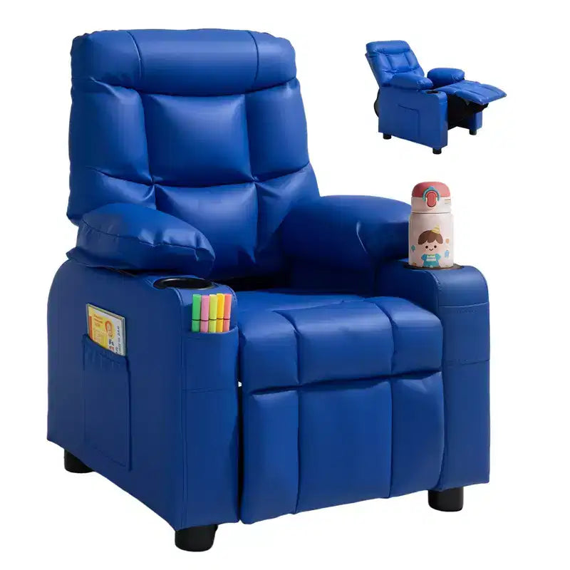Fauteuil inclinable pour enfants, fauteuil inclinable pour tout-petits avec porte-gobelets et poches, dossier réglable de 107 à 126, canapé inclinable en cuir PU facile à nettoyer