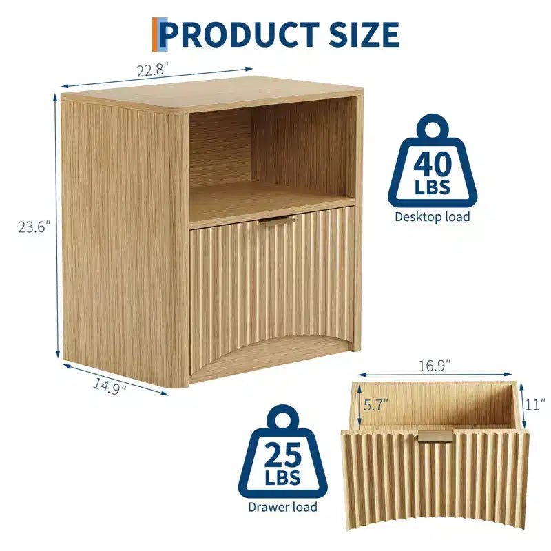 Table de chevet en chêne de 23 pouces, surface étanche avec tiroir et rangement, table d'appoint cannelée moderne du milieu du siècle pour chambre à coucher