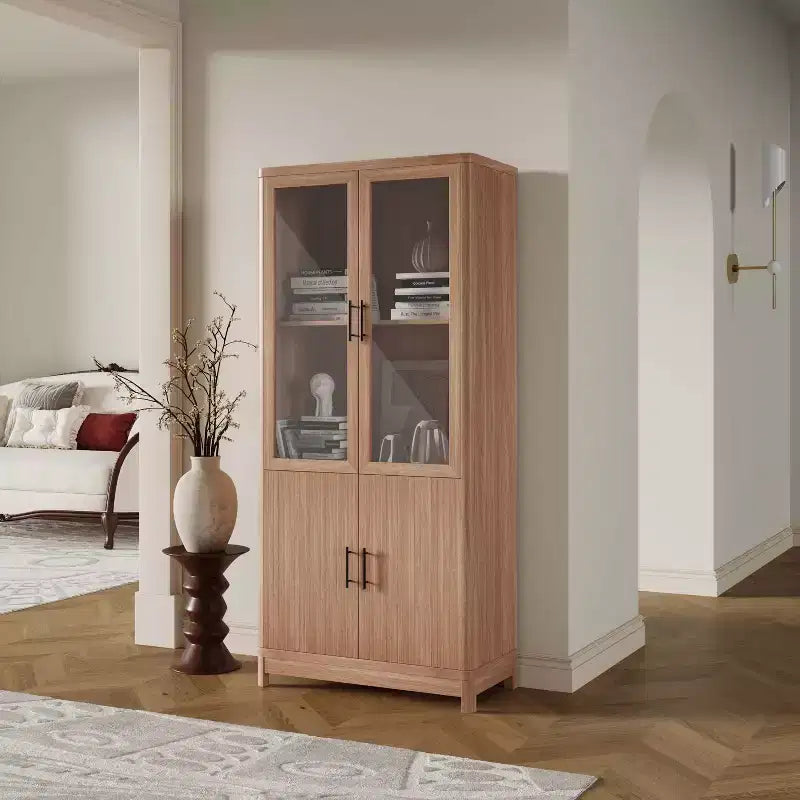 Bibliothèque en bois avec portes vitrées, étagère de rangement avec étagères réglables, présentoir pour bureau, salon
