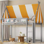 Whisen Twin Size Loft Bed & Bed Frame with Canopy, Book Shelf and Full-length Guardrail