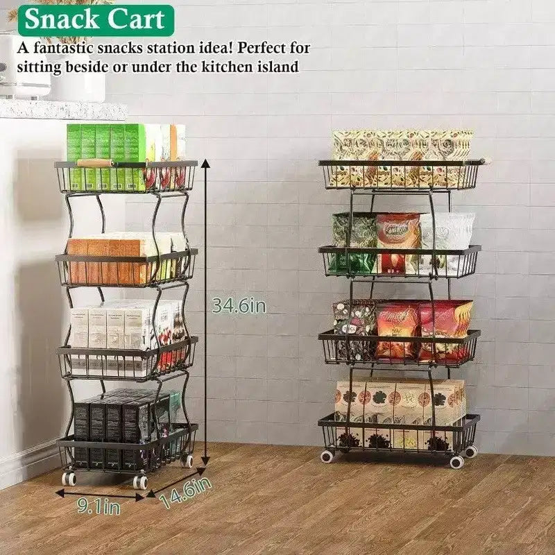 Panier à fruits – Chariot de rangement de cuisine roulant à 4 niveaux avec roues pour conserver fruits, pommes de terre, oignons, snacks, légumes, pain et autres produits.
