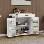 MAYEERTY White Rolling Kitchen Island Trolley, Rubber Wood Top 1 Drawer 2 Doors Adjustable Shelves