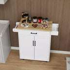 Desserte de cuisine roulante blanche, plateau en bois d'hévéa, 1 tiroir, 2 portes, étagères réglables