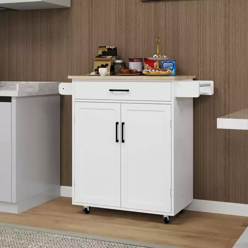 Desserte de cuisine roulante blanche, plateau en bois d'hévéa, 1 tiroir, 2 portes, étagères réglables