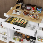 Desserte de cuisine roulante blanche, plateau en bois d'hévéa, 1 tiroir, 2 portes, étagères réglables