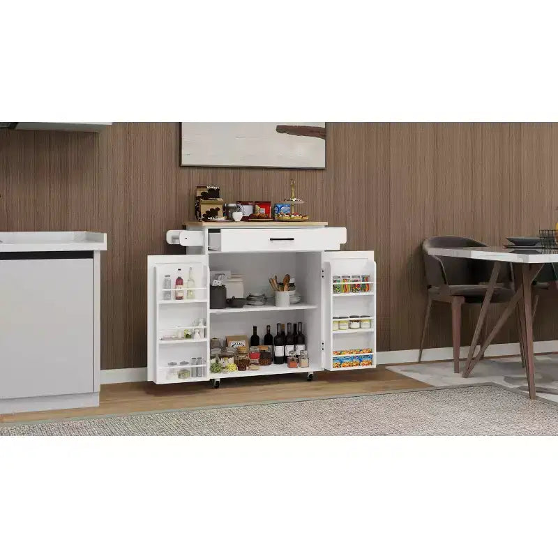 Desserte de cuisine roulante blanche, plateau en bois d'hévéa, 1 tiroir, 2 portes, étagères réglables