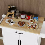 Desserte de cuisine roulante blanche, plateau en bois d'hévéa, 1 tiroir, 2 portes, étagères réglables