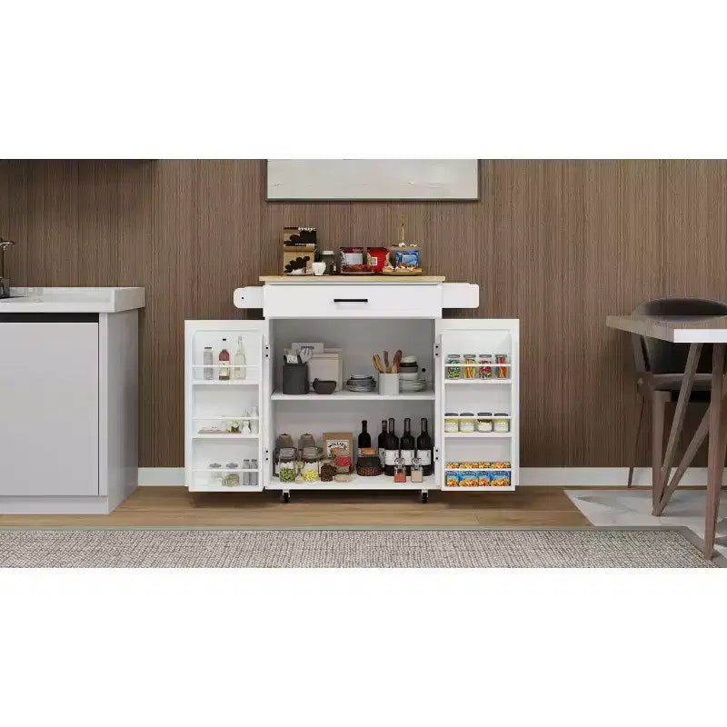 Desserte de cuisine roulante blanche, plateau en bois d'hévéa, 1 tiroir, 2 portes, étagères réglables