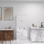 MAYEERTY White 71 Freestanding Kitchen Pantry, 4 Doors 1 Drawer 2 Adjustable Shelves