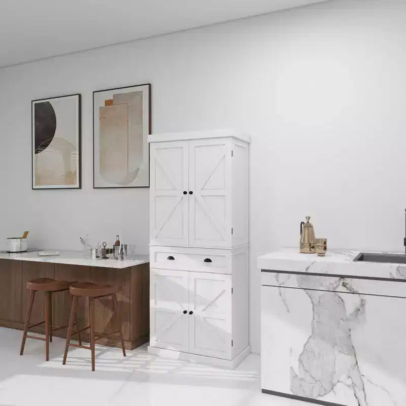 Garde-manger de cuisine autoportant blanc 71, 4 portes 1 tiroir 2 étagères réglables