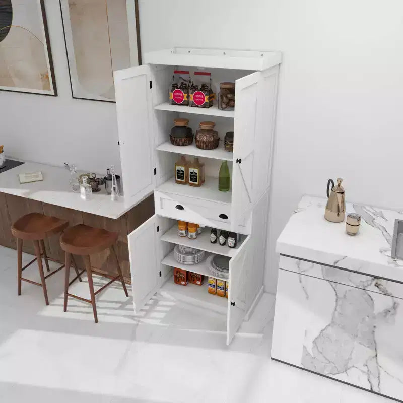 Garde-manger de cuisine autoportant blanc 71, 4 portes 1 tiroir 2 étagères réglables