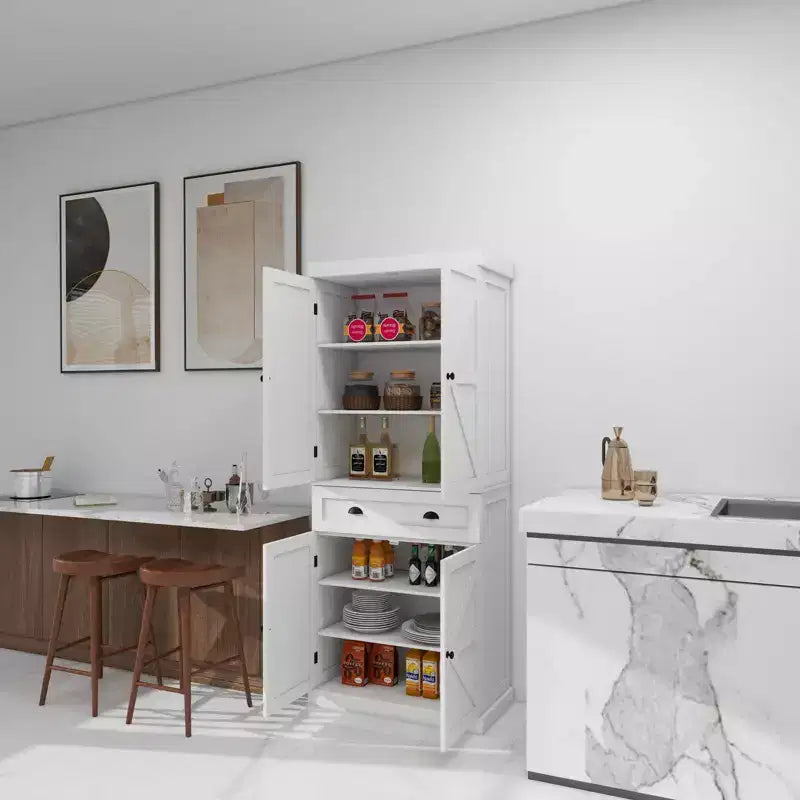 Garde-manger de cuisine autoportant blanc 71, 4 portes 1 tiroir 2 étagères réglables