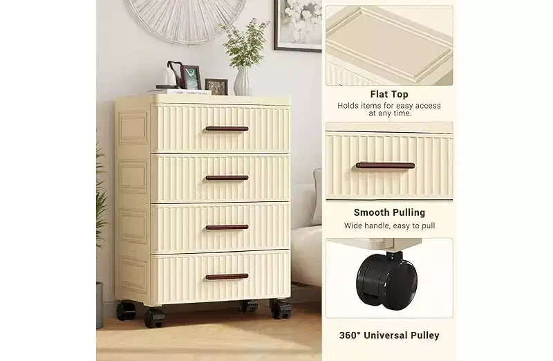 Meuble de Rangement Mobile, Classeur à 4 Tiroirs, Meuble de Rangement de Bureau avec Roulettes pour Chambre, Table de Chevet