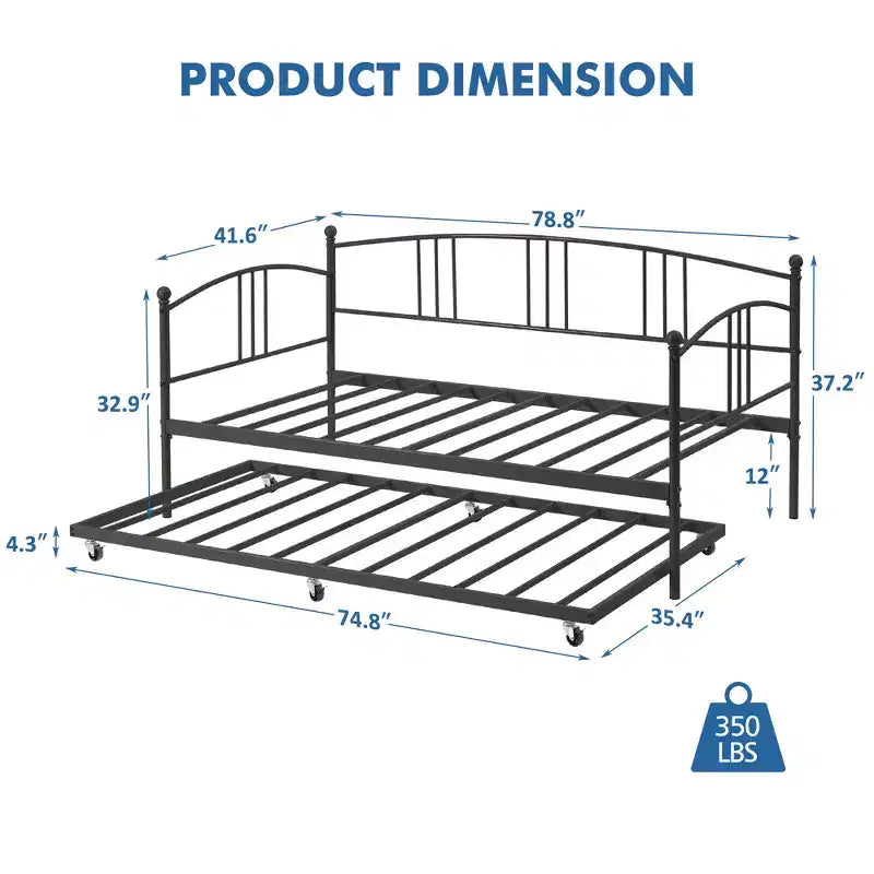 Lit de repos avec lit gigogne, lit de repos double en métal avec lit gigogne escamotable à 6 roulettes, canapé-lit avec support en acier pour salon, chambre à coucher, chambre d'amis