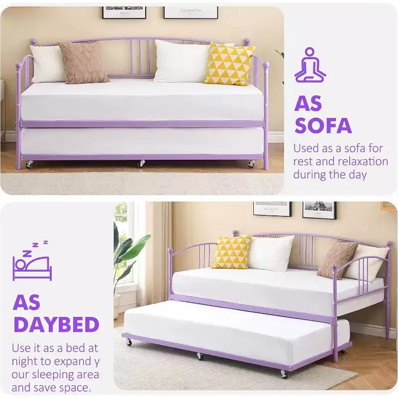 Lit de repos avec lit gigogne, lit de repos double en métal avec lit gigogne escamotable à 6 roulettes, canapé-lit avec support en acier pour salon, chambre à coucher, chambre d'amis