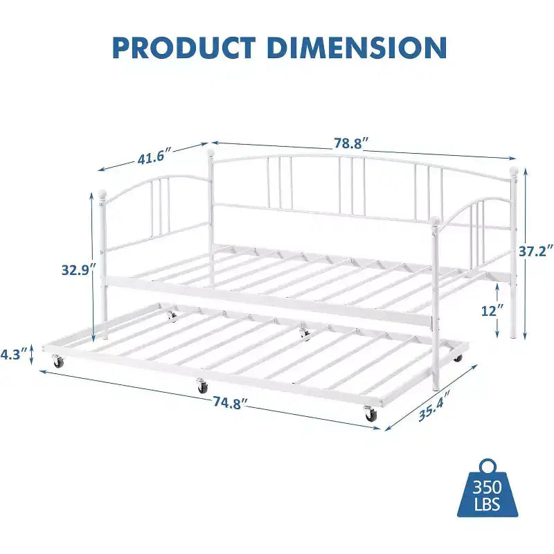 Lit de repos avec lit gigogne, lit de repos double en métal avec lit gigogne escamotable à 6 roulettes, canapé-lit avec support en acier pour salon, chambre à coucher, chambre d'amis