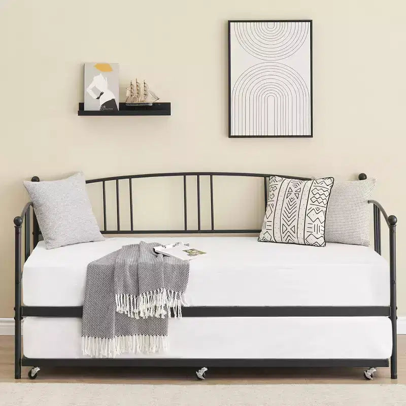 Lit de repos avec lit gigogne, lit de repos double en métal avec lit gigogne escamotable à 6 roulettes, canapé-lit avec support en acier pour salon, chambre à coucher, chambre d'amis