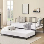 Daybed with Trundle, Metal Twin Size Daybed with Pullout Trundle 6 Casters, Steel Slat Support Sofa Bed for Living Room, Bedroom, Guest Room