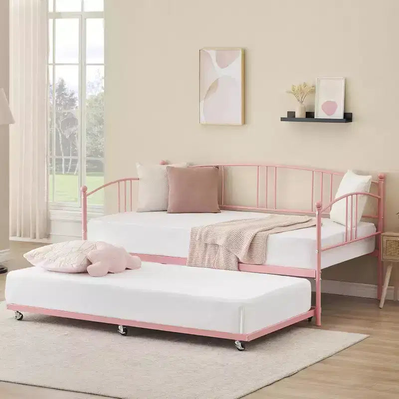 Lit de repos avec lit gigogne, lit de repos double en métal avec lit gigogne escamotable à 6 roulettes, canapé-lit avec support en acier pour salon, chambre à coucher, chambre d'amis
