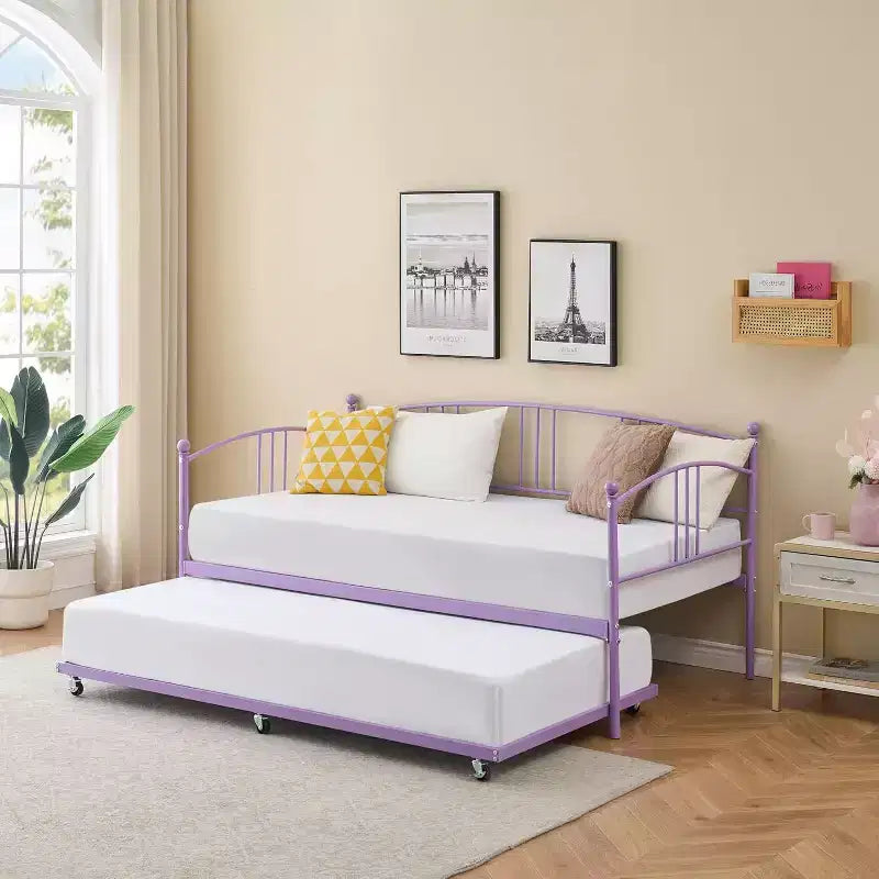 Lit de repos avec lit gigogne, lit de repos double en métal avec lit gigogne escamotable à 6 roulettes, canapé-lit avec support en acier pour salon, chambre à coucher, chambre d'amis