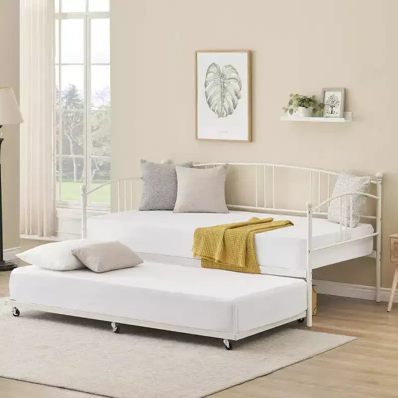 Lit de repos avec lit gigogne, lit de repos double en métal avec lit gigogne escamotable à 6 roulettes, canapé-lit avec support en acier pour salon, chambre à coucher, chambre d'amis
