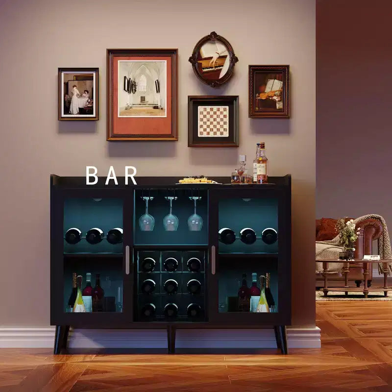 Meuble Bar à Vin Autoportant, Bahut de Cuisine et Buffet Bar à Café avec Porte-Verres, avec Porte Vitrée pour Salon, Salle à Manger