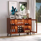 Meuble Bar à Vin Autoportant, Bahut de Cuisine et Buffet Bar à Café avec Porte-Verres, avec Porte Vitrée pour Salon, Salle à Manger