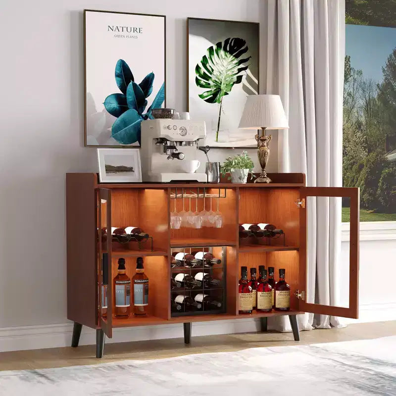 Meuble Bar à Vin Autoportant, Bahut de Cuisine et Buffet Bar à Café avec Porte-Verres, avec Porte Vitrée pour Salon, Salle à Manger