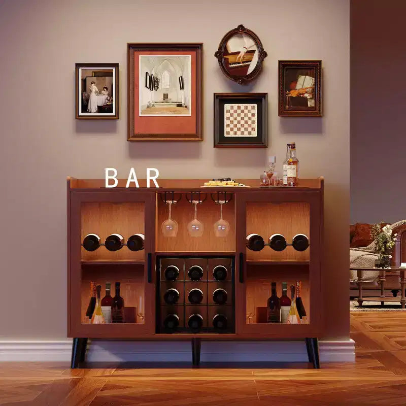 Meuble Bar à Vin Autoportant, Bahut de Cuisine et Buffet Bar à Café avec Porte-Verres, avec Porte Vitrée pour Salon, Salle à Manger