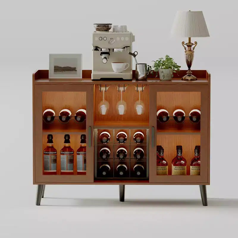 Meuble Bar à Vin Autoportant, Bahut de Cuisine et Buffet Bar à Café avec Porte-Verres, avec Porte Vitrée pour Salon, Salle à Manger