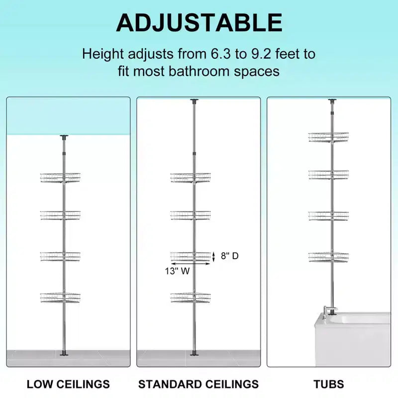 Étagère de douche télescopique d'angle avec 4 paniers et porte-serviettes intégrés, organisateur de salle de bain antirouille réglable de 75 à 110 cm