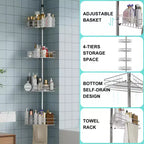 Étagère de douche télescopique d'angle avec 4 paniers et porte-serviettes intégrés, organisateur de salle de bain antirouille réglable de 75 à 110 cm