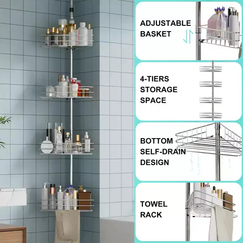 Étagère de douche télescopique d'angle avec 4 paniers et porte-serviettes intégrés, organisateur de salle de bain antirouille réglable de 75 à 110 cm