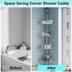 Étagère de douche télescopique d'angle avec 4 paniers et porte-serviettes intégrés, organisateur de salle de bain antirouille réglable de 75 à 110 cm