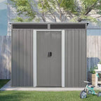 Abri de jardin en métal de 2,4 x 1,8 m avec portes coulissantes verrouillables, toit en pente, fenêtres et bouches d'aération, résistant aux intempéries