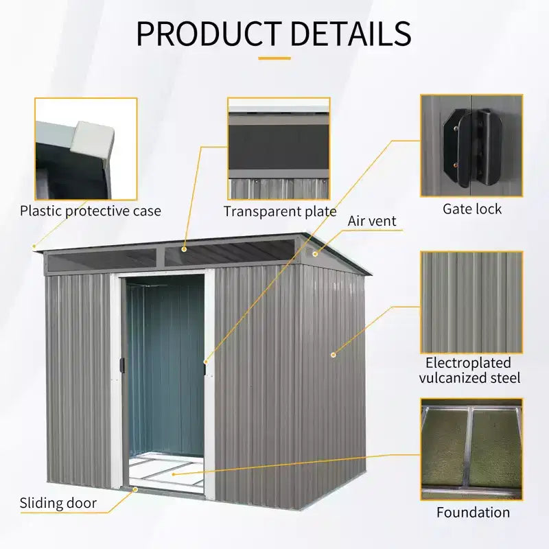 Abri de jardin en métal de 2,4 x 1,8 m avec portes coulissantes verrouillables, toit en pente, fenêtres et bouches d'aération, résistant aux intempéries