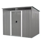 Abri de jardin en métal de 2,4 x 1,8 m avec portes coulissantes verrouillables, toit en pente, fenêtres et bouches d'aération, résistant aux intempéries