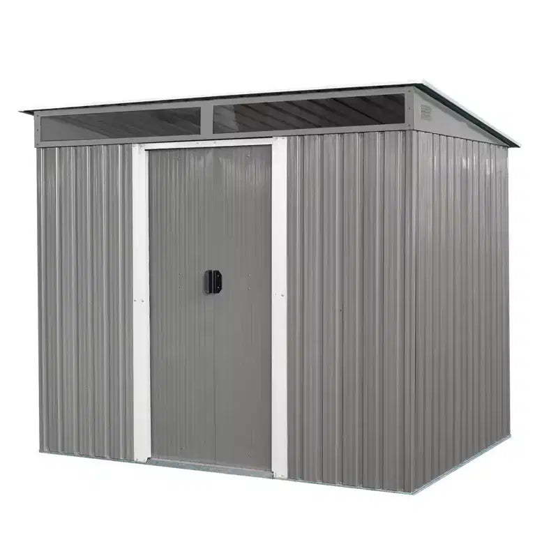 Abri de jardin en métal de 2,4 x 1,8 m avec portes coulissantes verrouillables, toit en pente, fenêtres et bouches d'aération, résistant aux intempéries