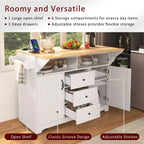 Grand îlot de cuisine avec 2 abattants, desserte de cuisine roulante sur 5 roulettes, table à manger pliante avec rangement, support à épices et porte-serviettes, 3 tiroirs