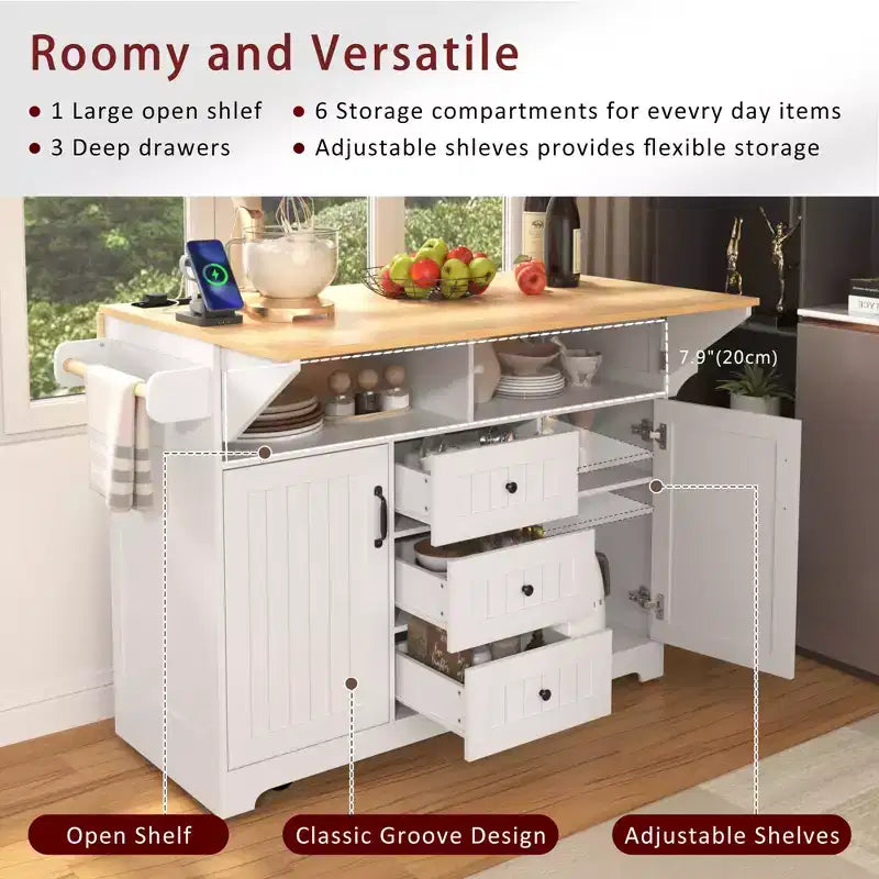 Grand îlot de cuisine avec 2 abattants, desserte de cuisine roulante sur 5 roulettes, table à manger pliante avec rangement, support à épices et porte-serviettes, 3 tiroirs