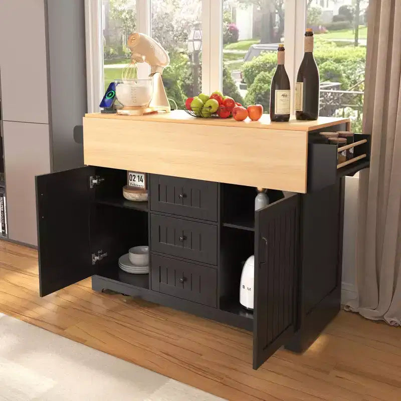 Grand îlot de cuisine avec 2 abattants, desserte de cuisine roulante sur 5 roulettes, table à manger pliante avec rangement, support à épices et porte-serviettes, 3 tiroirs