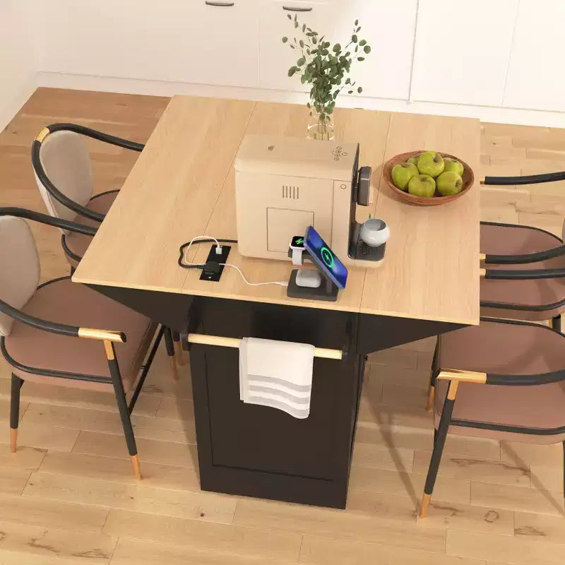Grand îlot de cuisine avec 2 abattants, desserte de cuisine roulante sur 5 roulettes, table à manger pliante avec rangement, support à épices et porte-serviettes, 3 tiroirs