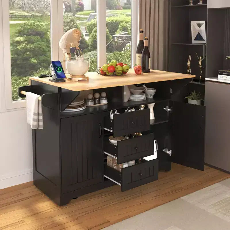Grand îlot de cuisine avec 2 abattants, desserte de cuisine roulante sur 5 roulettes, table à manger pliante avec rangement, support à épices et porte-serviettes, 3 tiroirs