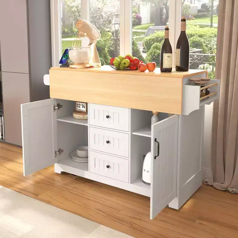 Grand îlot de cuisine avec 2 abattants, desserte de cuisine roulante sur 5 roulettes, table à manger pliante avec rangement, support à épices et porte-serviettes, 3 tiroirs
