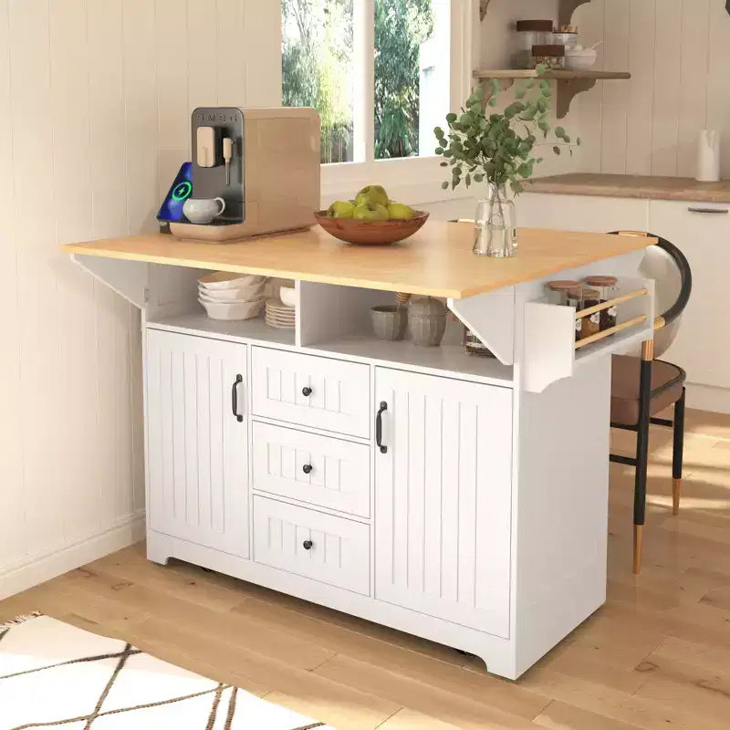 Grand îlot de cuisine avec 2 abattants, desserte de cuisine roulante sur 5 roulettes, table à manger pliante avec rangement, support à épices et porte-serviettes, 3 tiroirs