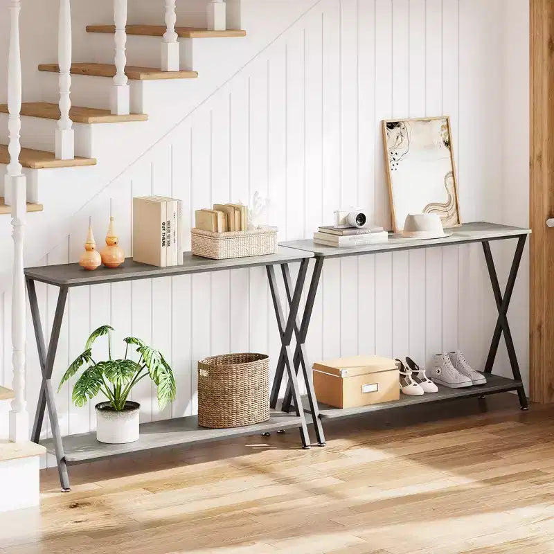 Console étroite avec étagères, Table de canapé de ferme à 2 niveaux, Table d'entrée pour couloir, salon, chambre, Table de rangement derrière le canapé