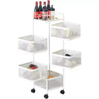 White Carbon Steel 5-Tier 360 Rotating Storage Cart, Rolling Organizer Rack for Kitchen Vegetables & Living Room Snacks