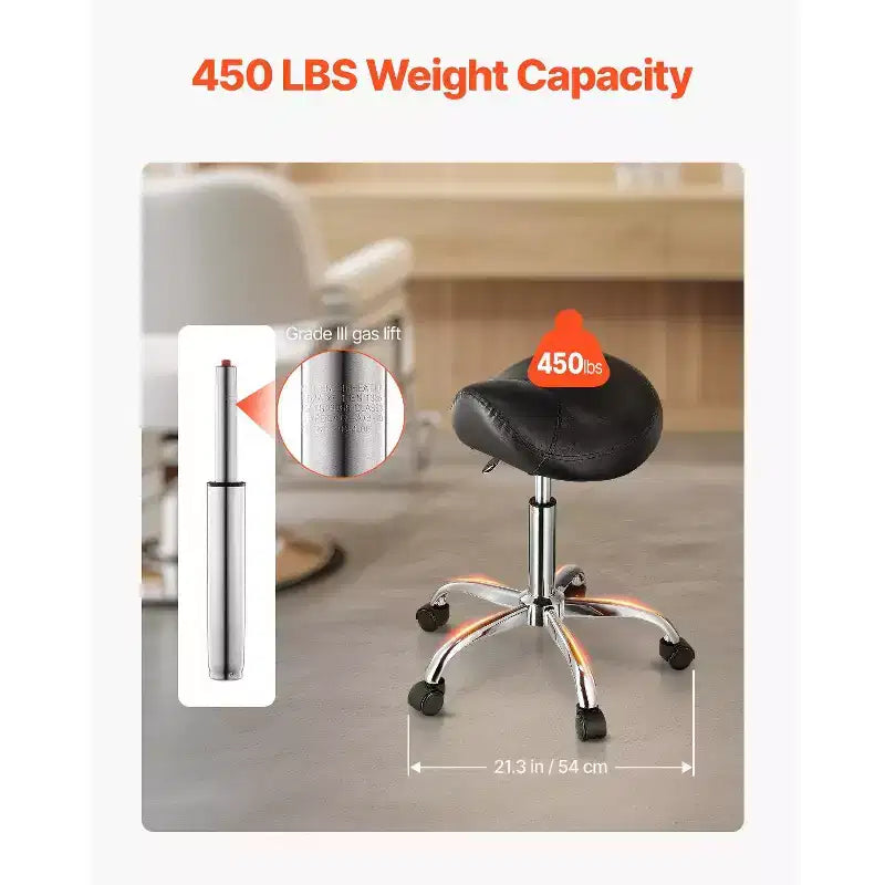 Siège de selle ergonomique avec roulettes, Chaise roulante réglable en hauteur, Capacité de 204 kg