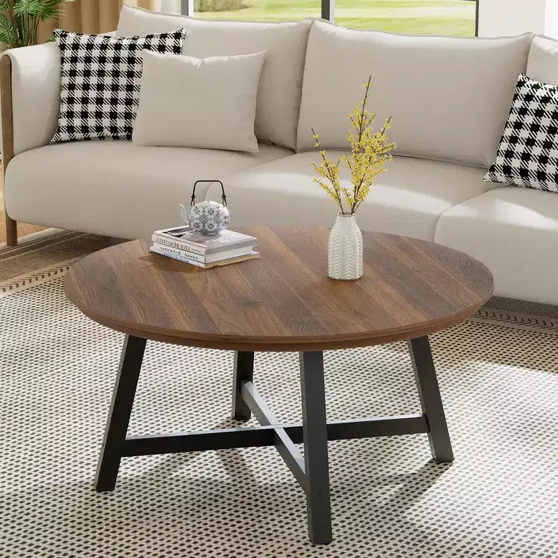 Table Basse Ronde Moderne de 36'', Table Centrale en Bois avec Pieds en Métal et Patins Réglables, Table d'Appoint pour Salon, Chambre et Bureau